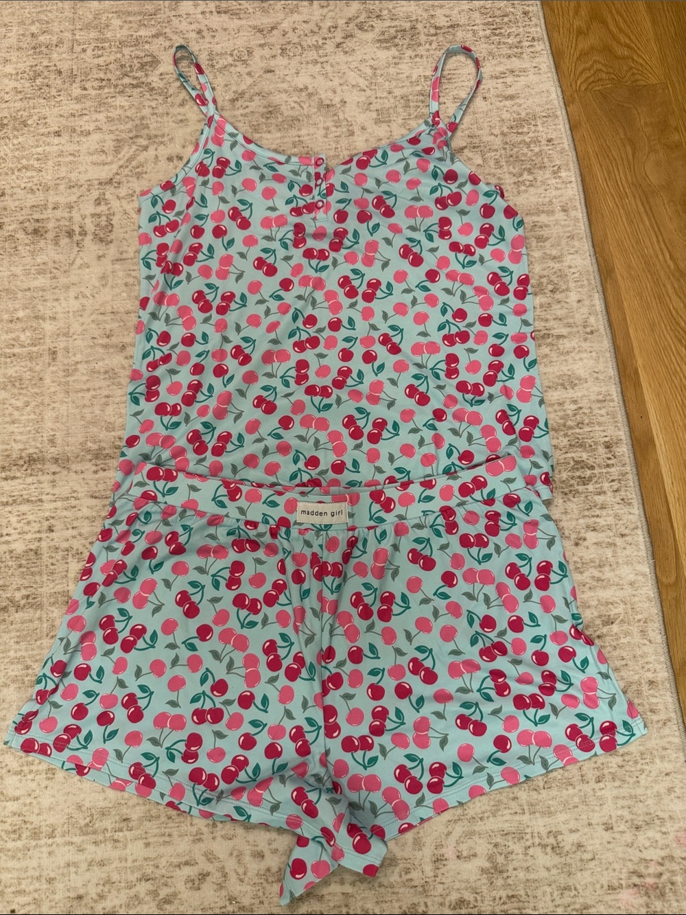 Madden Girl Teal Cherry Print Romper - Pink Cherries